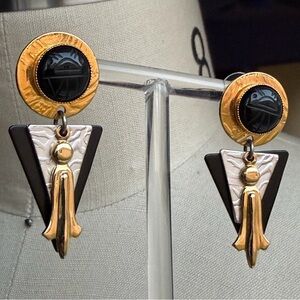 Egyptian Revival Gold Silver & Black Onyx Carved Scarab Geometric Post Earrings